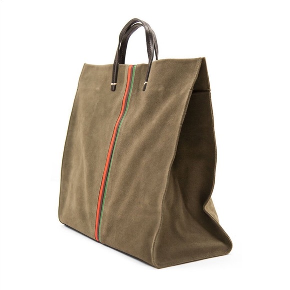 Clare V. Simple Tote Suede Army Green w Stripes - Picture 2 of 5
